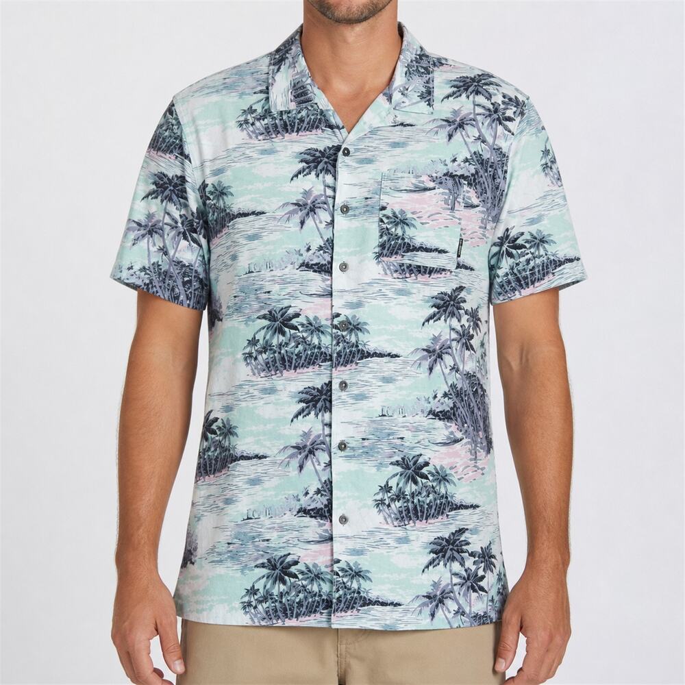 Billabong Shirt Mens L Aqua Pink Stretch Hawaiian Aloha Short Sleeve Button-Up